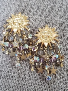 VTG Kirks Folly Sun Aurora Sun Burst Crystal & Stars Clip On Gold Tone Earrings - Picture 1 of 5
