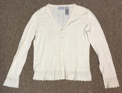 Suéter Cárdigan Liz Claiborne 100% Seda Tejido Encaje, Blanco Marfil Crema, SP Foto 1 de 4