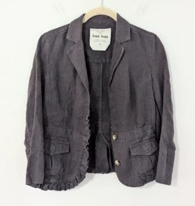 Anthropologie Hei Hei 100% Linen Ruffle Trim Blazer Button Front Gray Size 4 - Picture 1 of 10