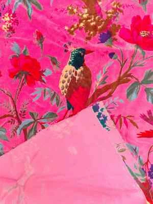 Pink Colour Bird Print Velvet Fabric, Indian Velvet Floral Bird Print Fabric - Image 1 of 4