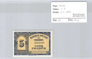 Maroc 5 Francs 1.3.1944 n° 24436445 Pick 24 - Imagen 1 de 2