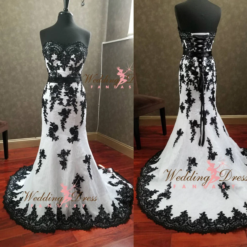 Mermaid Gothic Wedding Dresses Black White Strapless Sweep Train Bridal Gowns - Image 1 of 4