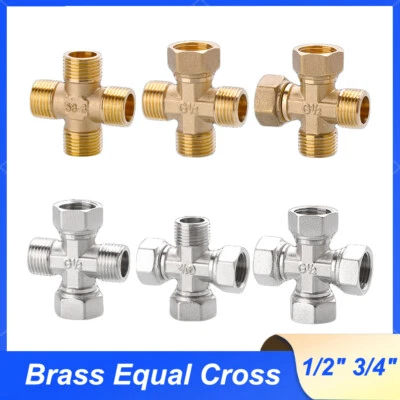 BSP Equal Cross Brass Fitting Plating Equal Cross Union Connecting 1/2" 3/4" - Image 1 of 4