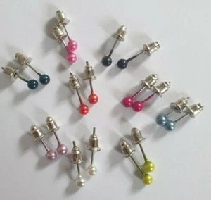Multi Coloured Balls Bead studs Faux Pearl Round earrings Womens Girls 4 mm UK - Picture 1 of 25