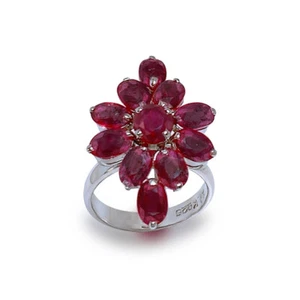 Anello a grappolo rubino rosso taglio ovale argento sterling 0,925 oro bianco misura 7 - Foto 1 di 4