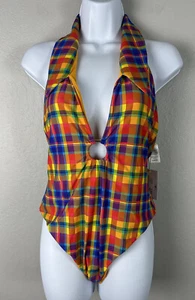 NWT We Wore What Size XL Collar Racerback One-Piece Swimsuit Rainbow Plaid $195 - Picture 1 of 7