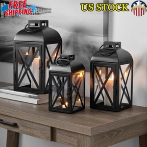 14" Metal Lantern Candle Holder Tealights & Pillar Candles Indoor Outdoor Black - Picture 1 of 6