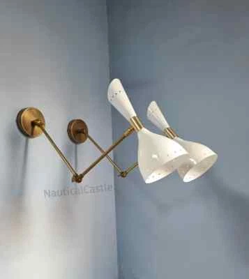 White Wall Sconce Mid Century 1950's Italian Stilnovo Lighting Pair Reading Lamp - Image 1 of 4