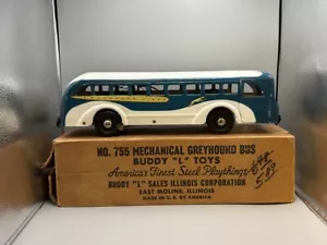 Vintage 1940's Buddy "L" Greyhound Bus Lines Windup Pressed Steel USA. With box - Picture 1 of 12