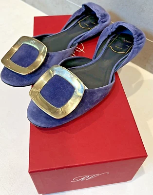 Roger Vivier Chip Buckle D'orsay Flats in Navy Blue Suede 35.5 (discontinued) - Image 1 of 4