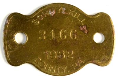 1932 年黄铜形状狗税牌许可证 # 3166 Schuylkill 宾夕法尼亚州组织 — 第 1/2 张图片