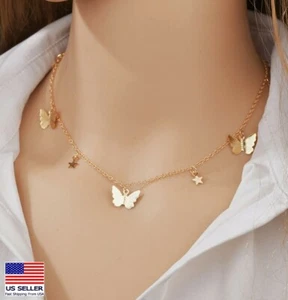 Women Jewelry Necklace Retro Carved Stars Butterfly Tassel Choker Pendant 0629 - Picture 1 of 9