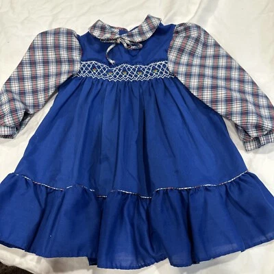 Vestido xadrez vintage tamanho 3 Polly Flinders manga comprida azul - Imagem 1 de 4