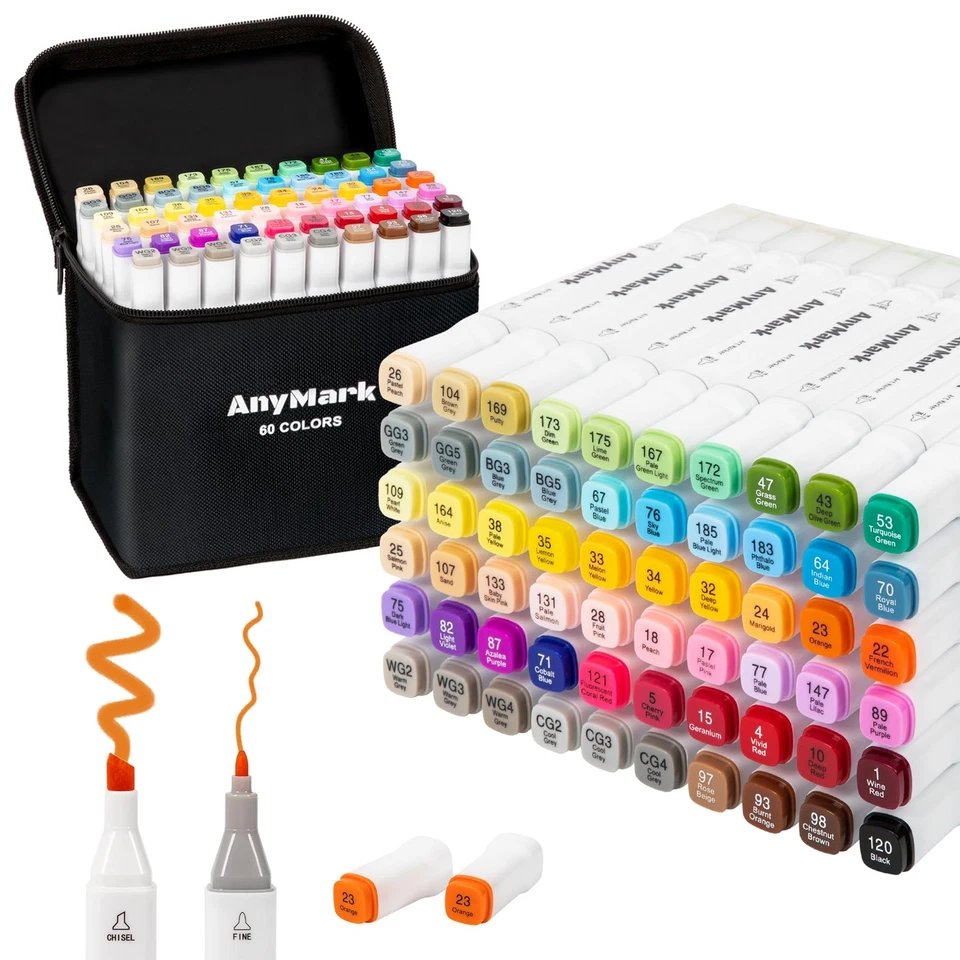 AnyMark Alcohol Markers, 60 Colors Dual Tip Art Coloring Markers Set for Kids