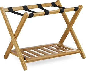 Portavaligie in Bambù, Reggivaligie Pieghevole, per Bagagli E Valigie 2 Ripiani, - Foto 1 di 12