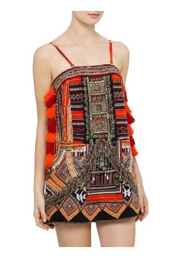 Vestido Corto Camilla Franks Seda Embellecido Patrón Tribal Borlas Mini Sin Tirantes Foto 1 de 4