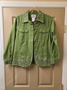 New QVC Quacker Factory Green Stretch Jean Rhinestone Woman Jacket Size X Small - Picture 1 of 14