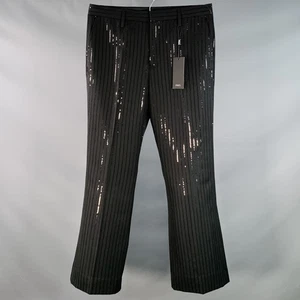 Pantaloni eleganti PHIX taglia 34 neri gessato misto lana paillettes gamba larga - Foto 1 di 8