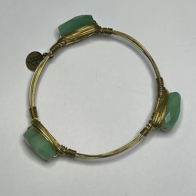 BOURBON & BOWETIES gold tone bracelet bangle mint green cut stone signed jewelry - Image 1 of 4