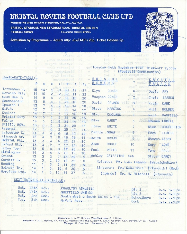 Bristol Rovers Reserves v Crystal Palace (Combination) 1978/1979 - Image 1 of 1