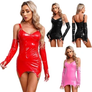Women's Sleepwear Sleeveless Clubwear 2Piece Dress Latex Nightsuit Shiny Sexy - Picture 1 of 53