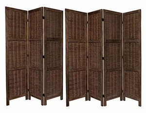 3 or 4 Panel Wicker & Wood Screen Room Divider with Weave Design Brown & White - Picture 1 of 9