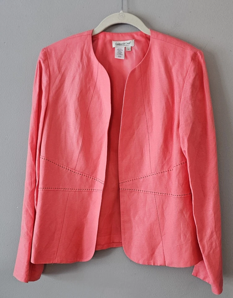 Jaqueta feminina Coldwater Creek linho rayon tamanho 12 coral frente aberta contraste preto - Imagem 1 de 4