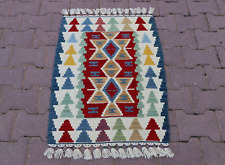Blue Small Kilim Rug Anatolian Hand Knotted Ethnic Tribal Turkish Carpet 2x3ft