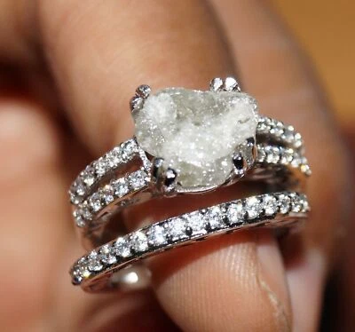 Anillo de diamantes en bruto gris/blanco natural de 3,50 quilates, anillo de diamantes en bruto sin cortar, plata 925 Foto 1 de 4