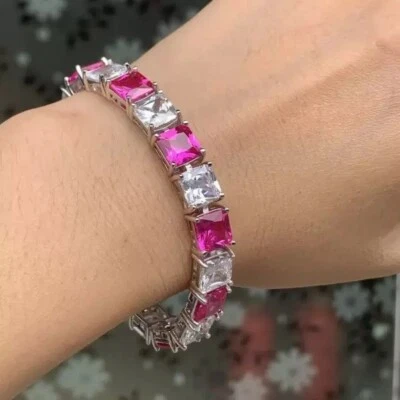 Теннисный браслет с сапфиром и бриллиантами Princess покрытие белым золотом 14 карат 57 карат - Изображение 1 из 4