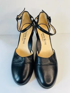 EUC TARYN ROSE*SOFT BLACK LEATHER ANKLE STRAP WOVEN WEDGE HEEL SHOES*37.5 7.5 - Picture 1 of 5