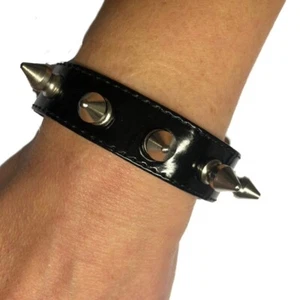 Studded Wrist Band Black Patent Punk Goth Fetish Faux Leather Unisex - Picture 1 of 5