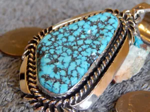 New Sterling Silver Kingman Turquoise Black Web Pendant Navajo Russell Sam - Picture 1 of 6
