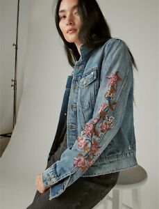 New Lucky Brand Indigo Denim Blue Jean Pink Floral contrast Embroidered Jacket S