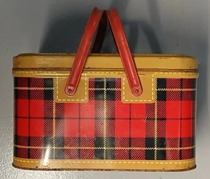 Cestino skotch metallo plaid tartan rosso vintage di Petra Cabot 2 manici + coperchio cerniera - Foto 1 di 17