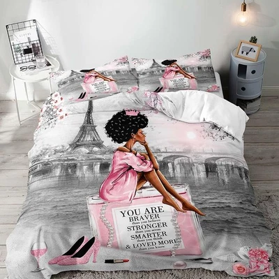 3PCS Black Girls Bedding Set, Duvet Cover Queen, Paris Eiffel Tower Pink Perf... - Photo 1/4
