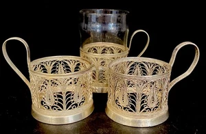 Set Of 3 Russian VTG Tea Glass Holders Filigree Coasters Silverplated 3.25x2 5/8 - Picture 1 of 6