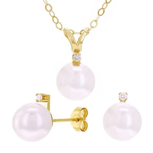 14k Yellow Gold Akoya Pearl Necklace & Earrings Set with Diamond 7.5mm 18" - Picture 1 of 4