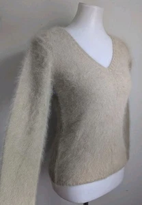 Vintage Y2K Banana Republic Fuzzy Angora Rabbit Hair Sweater V-neck Beige XS 90s - Picture 1 of 11