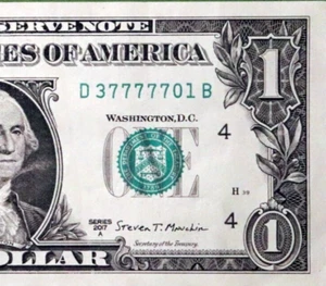 Five In A Row 7s D37777701B One Dollar Bill Fancy Serial Number - Picture 1 of 3