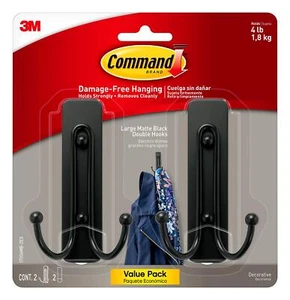 Large Matte Black Command Hooks Set of 2 Damage Free Wall Storage Solutions - Picture 1 of 10