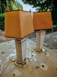 Vintage Wooden Lamp Pair Painted Brushed Wood Circa 1970-80 - Picture 1 of 2