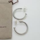 David Yurman Sterling Silver Classic Cable 1'' Inch Hoop Earrings With Pouch