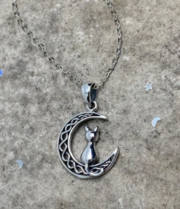 Sterling Silver Moon Cat Pendant Necklace, Cat Jewelry, Moon and Stars - Picture 1 of 10