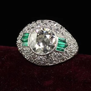 Antique Art Deco Platinum Old European Diamond and Emerald Engagement Ring - GIA - Picture 1 of 7