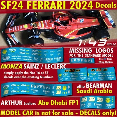 FERRARI 2024 decals VGWplay Peroni Global Poker 1:43 Sainz Leclerc Bearman SF24 - Image 1 of 4