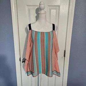 Heartsoul Sommertop Damen M geometrisches Muster Cold Shoulder ärmellos koralle türkis - Bild 1 von 6