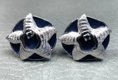 Vintage Figural Star Fish on Blue Enamel White Gold Plated Cuff Links - Image 1 of 3
