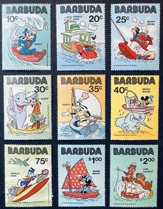 JUEGO DE 9 SELLOS BARBUDA DISNEY PERSONAJES EN EL MAR MNH 1981 BARCO VELERO - Imagen 1 de 1