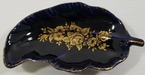 VC) Vintage Peint A La Main Blue Leaf Gold Tone Floral Trinket Candy Dish - Picture 1 of 8